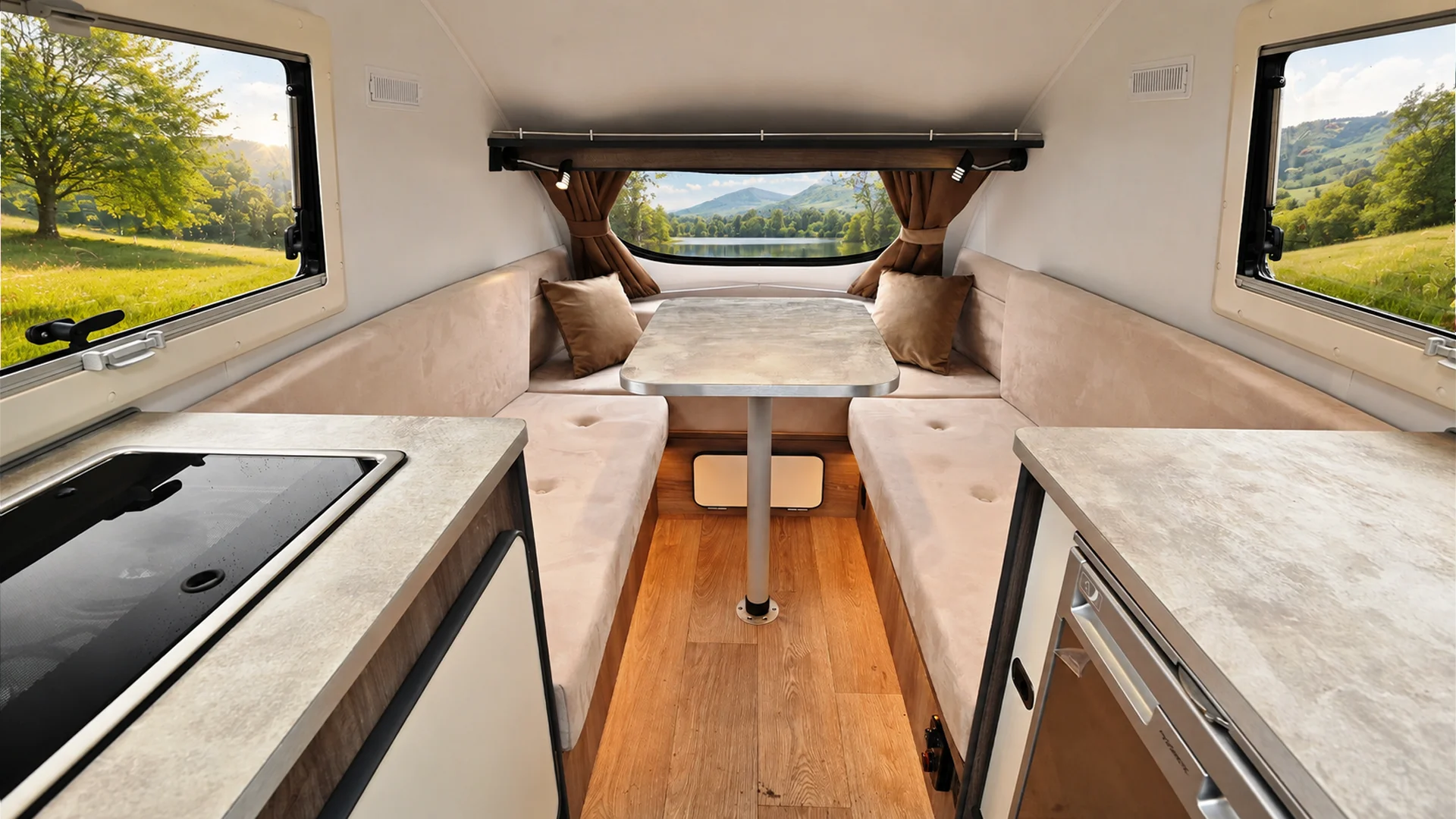 Go-Pod interior lounge view showing seating, table, windows and kitchen area