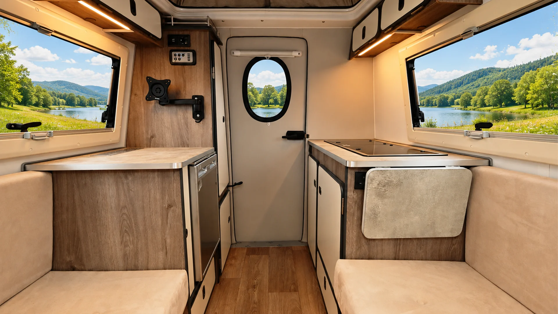 Go-Pod interior kitchen view showing cupboards, fridge, worktops, door and sockets